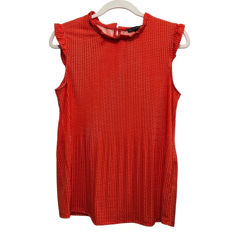 Adrianna Papell Polka Dot Ruffle Neck Pleated Sleeveless Top M orange Red white